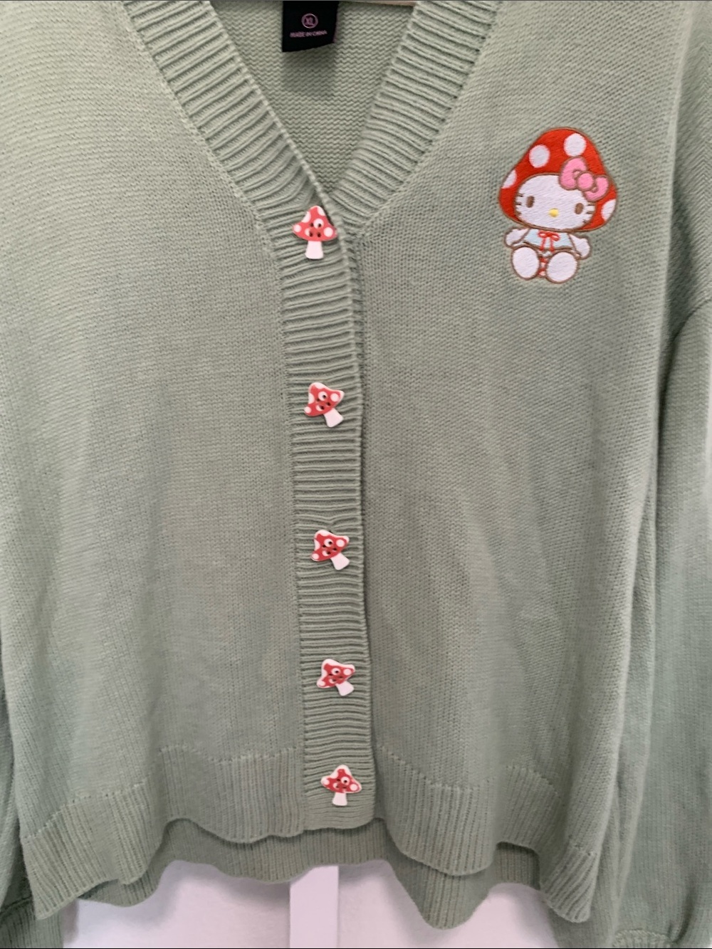 Sanrio Hello Kitty Mushroom Patch Sage V-Neck Cardigan Sweater - Picture 4 of 8